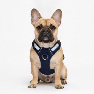 French Bulldog wearing a navy reflective no-pull harness on a white background