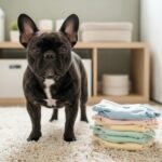 French Bulldog next to a stack of washable dog diapers