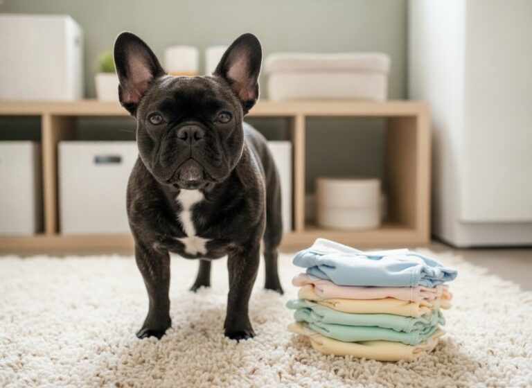 French Bulldog next to a stack of washable dog diapers