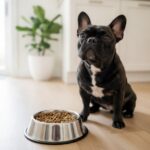 French Bulldog waiting beside a bowl of kibble in a bright kitchen