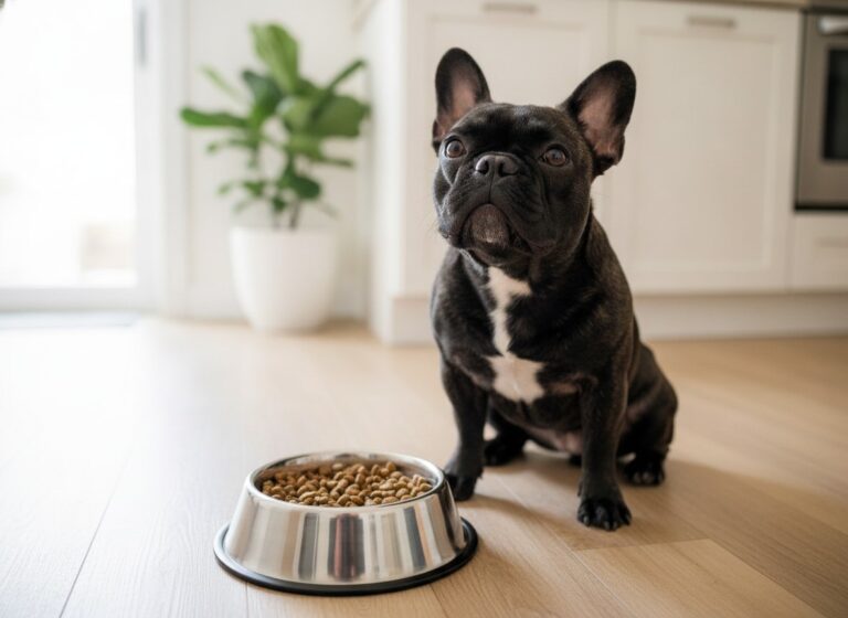French Bulldog waiting beside a bowl of kibble in a bright kitchen
