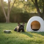 A French Bulldog resting in the shade next to an igloo dog house