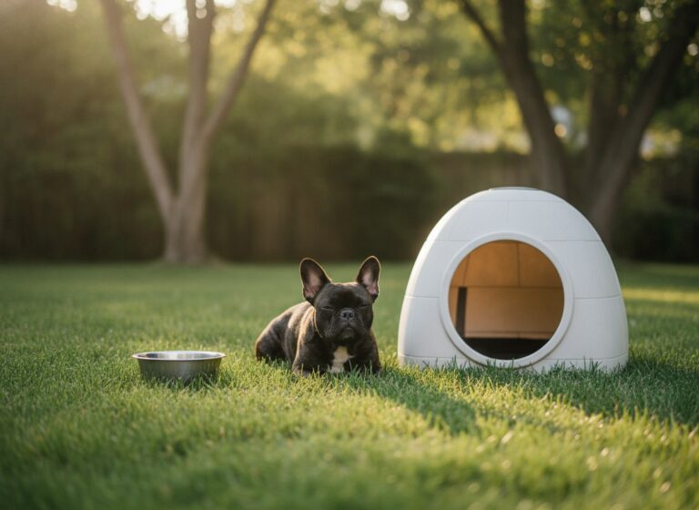 A French Bulldog resting in the shade next to an igloo dog house
