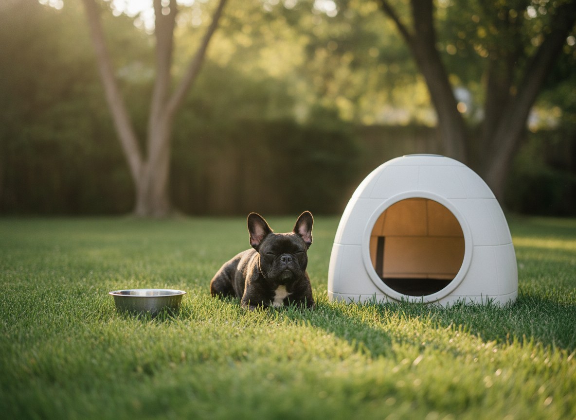 A French Bulldog resting in the shade next to an igloo dog house