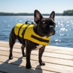French Bulldog wearing a life jacket on a lake dock