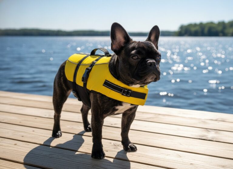 French Bulldog wearing a life jacket on a lake dock