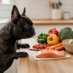 French Bulldog sniffing fresh natural dog food ingredients on a kitchen counter