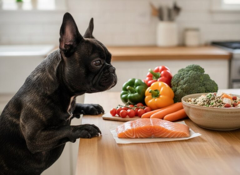 French Bulldog sniffing fresh natural dog food ingredients on a kitchen counter