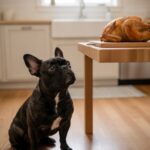 French Bulldog eyeing cooked chicken in the kitchen