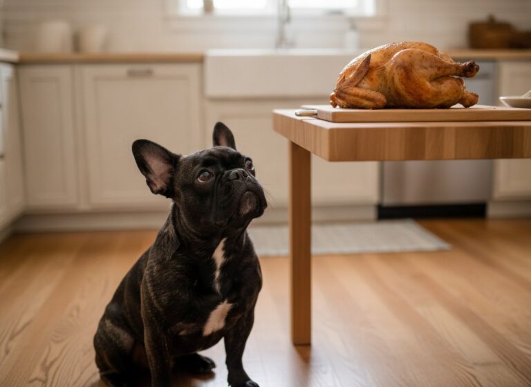 French Bulldog eyeing cooked chicken in the kitchen