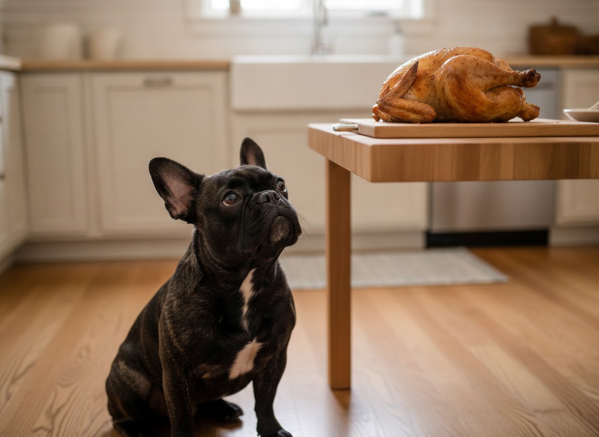 French Bulldog eyeing cooked chicken in the kitchen