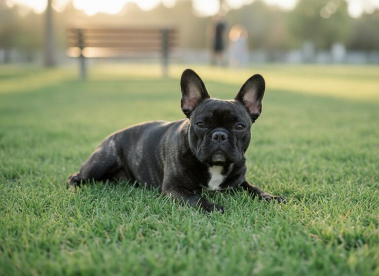 Frug, a French Bulldog Pug mix, relaxing at the dog park