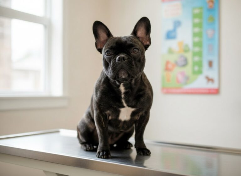 French Bulldog puppy on a scale during a weight chart check