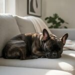 French Bulldog resting on a grey sofa in a bright living room