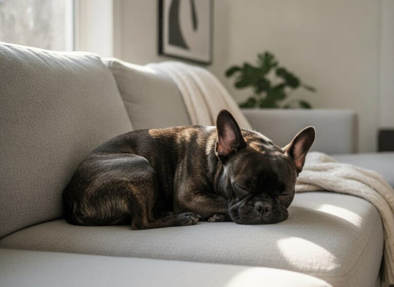 French Bulldog resting on a grey sofa in a bright living room