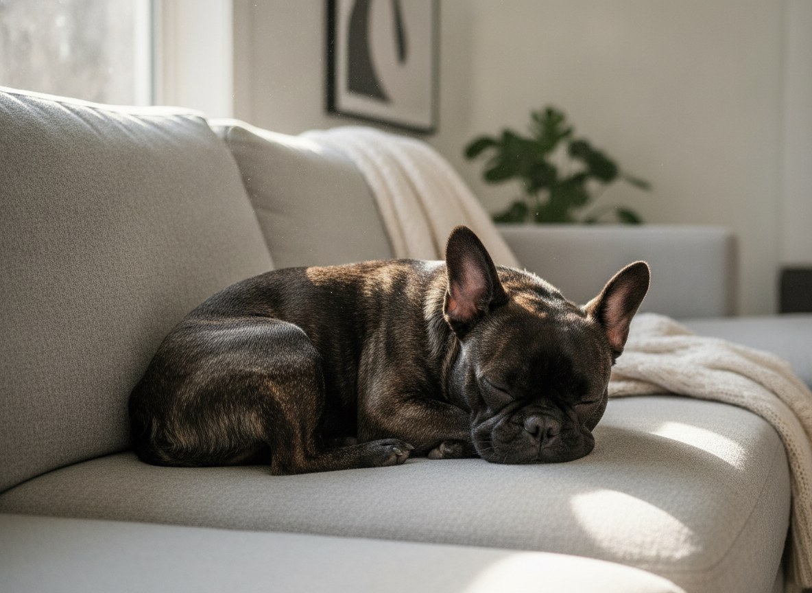 French Bulldog resting on a grey sofa in a bright living room