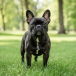 Pied French Bulldog standing on a sunny park lawn