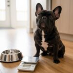 French Bulldog sitting beside a food bowl and kitchen scale waiting for a measured meal