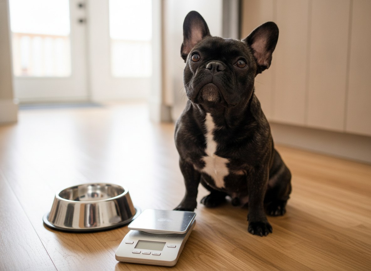 French Bulldog sitting beside a food bowl and kitchen scale waiting for a measured meal