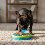 French Bulldog working on a puzzle feeder toy on a living room rug