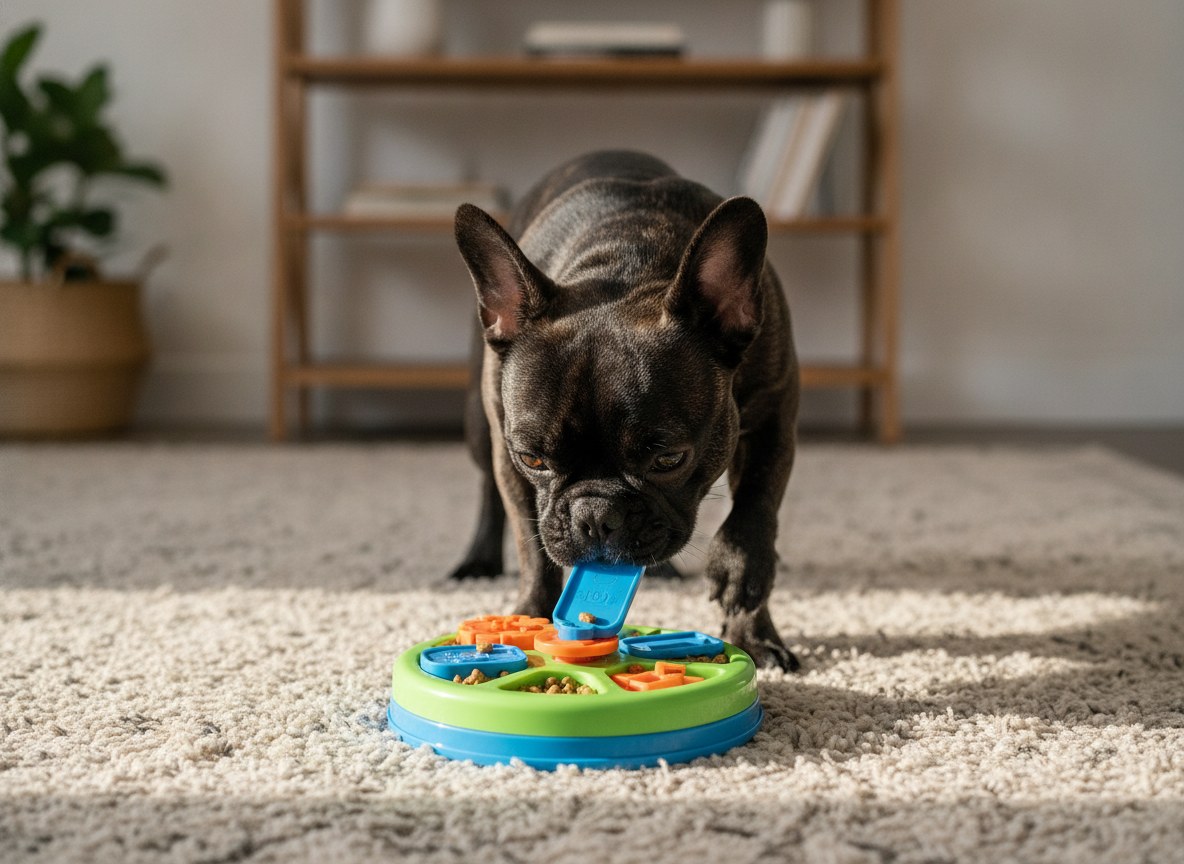 French Bulldog working on a puzzle feeder toy on a living room rug