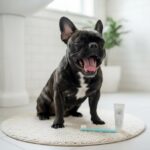 French Bulldog yawning next to a dog toothbrush and toothpaste