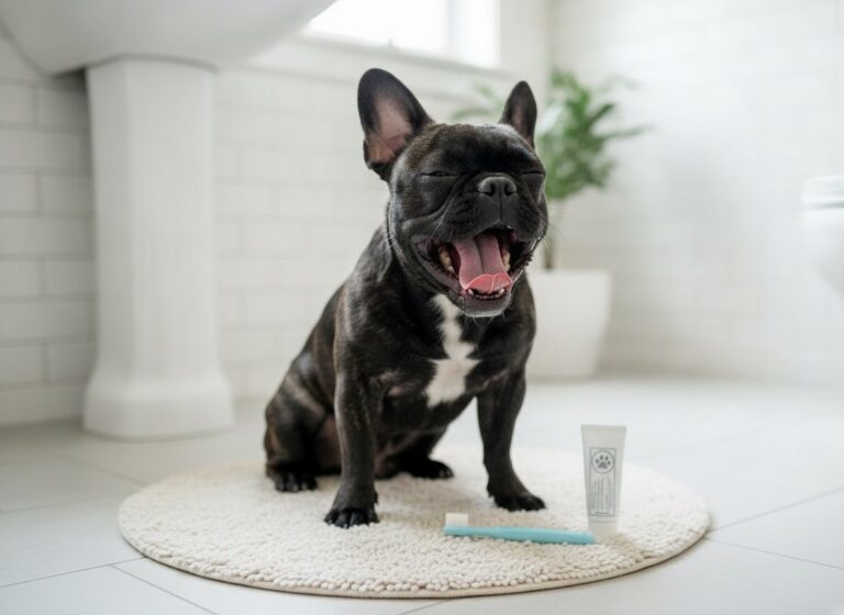 French Bulldog yawning next to a dog toothbrush and toothpaste