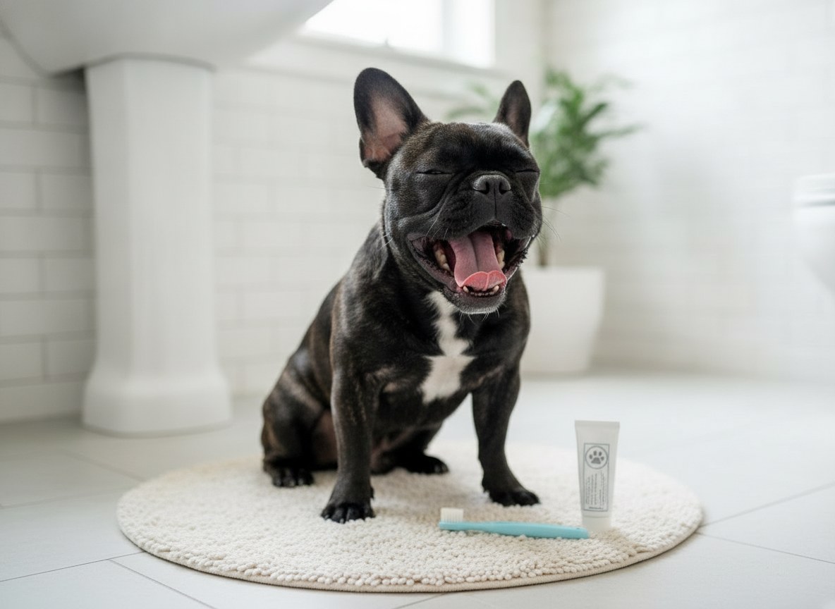 French Bulldog yawning next to a dog toothbrush and toothpaste