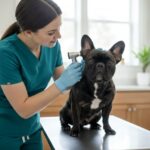 Veterinarian examining a French Bulldog's ear on an exam table