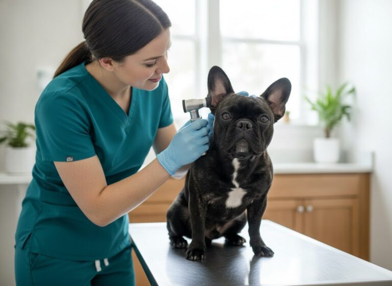 Veterinarian examining a French Bulldog's ear on an exam table