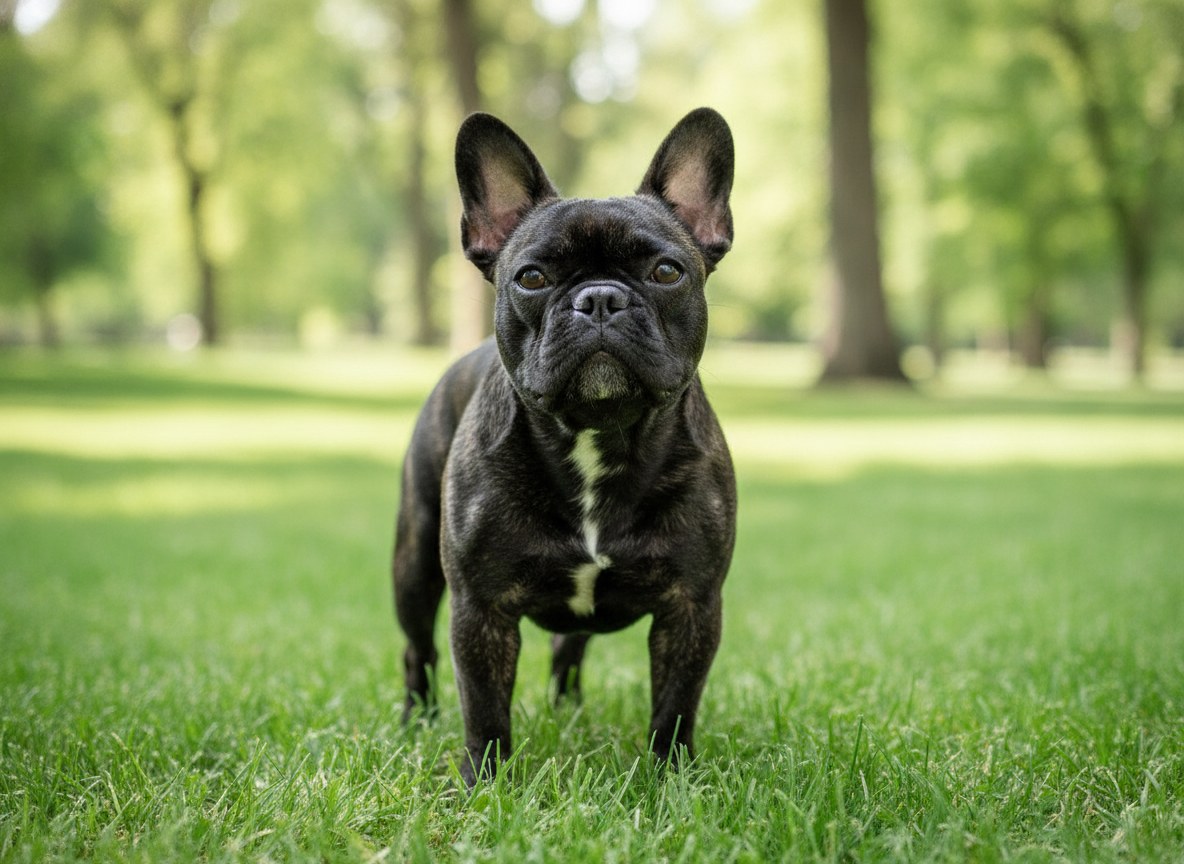 Pied French Bulldog standing on a sunny park lawn