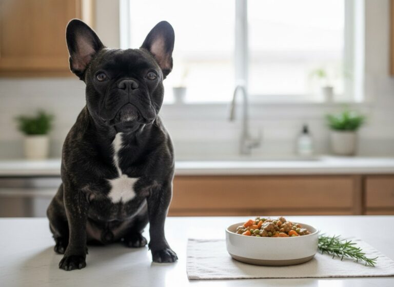 French Bulldog waiting for a bowl of novel protein dog food