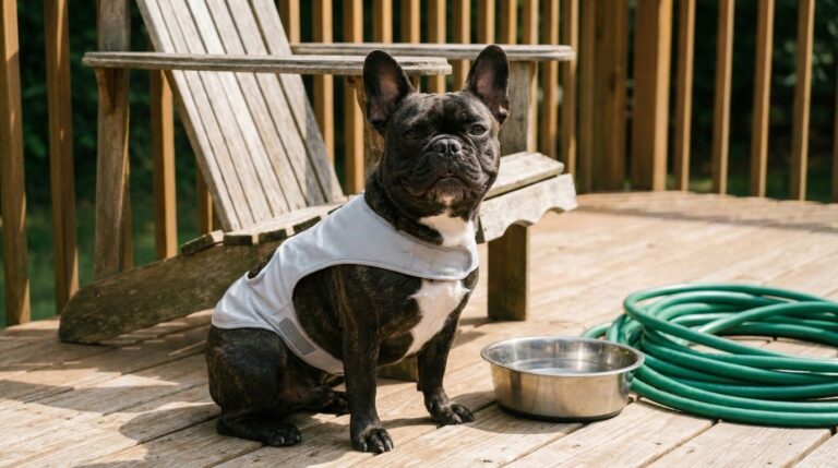 French Bulldog Nina wearing a gray cooling vest on a sunny wooden porch