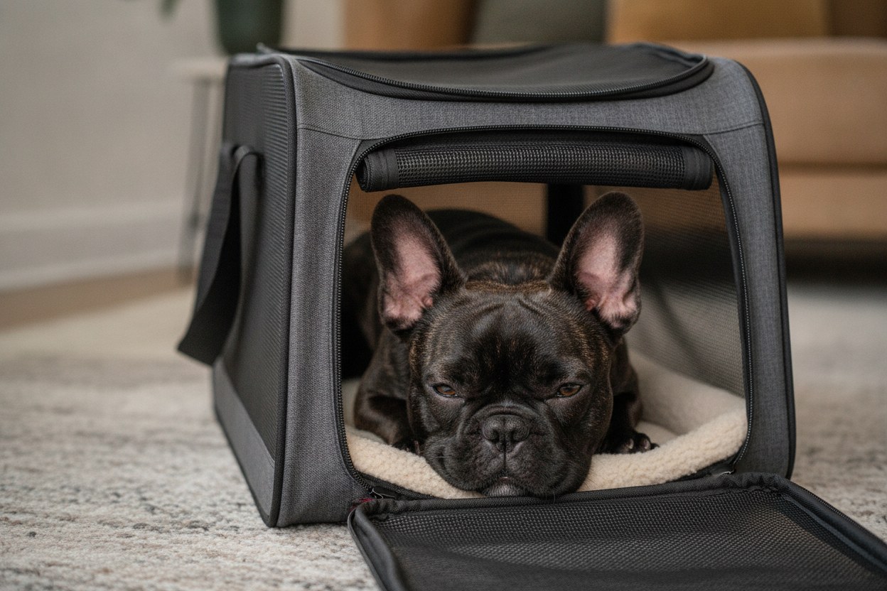 Nina resting inside an open soft-sided carrier during a practice session at home