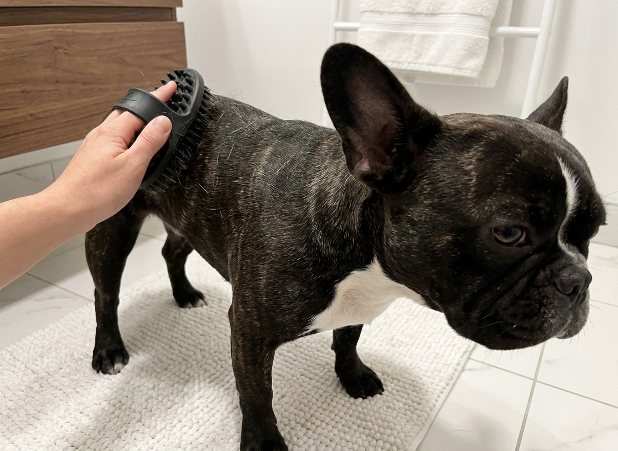 Nina getting brushed with a rubber curry brush, loose hairs on her coat