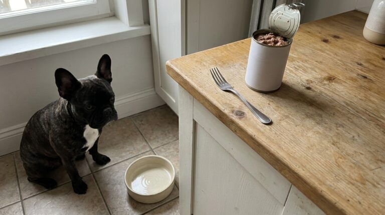 French Bulldog Nina sitting by her bowl staring at wet food on the counter