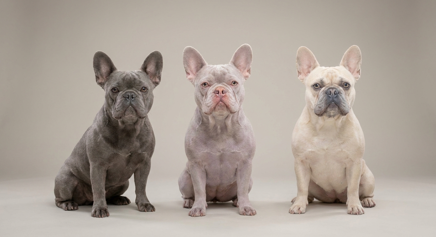 Blue, lilac, and platinum French Bulldogs side by side showing coat color differences
