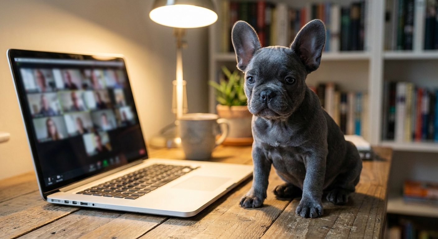 Blue French Bulldog puppy sitting on a desk during a video call with a breeder