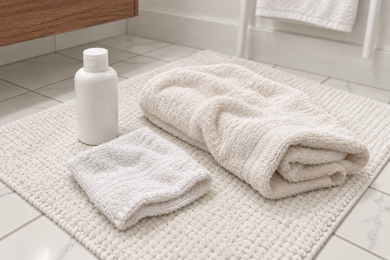 A plain closed shampoo bottle, washcloth and towel prepared on the bathroom mat