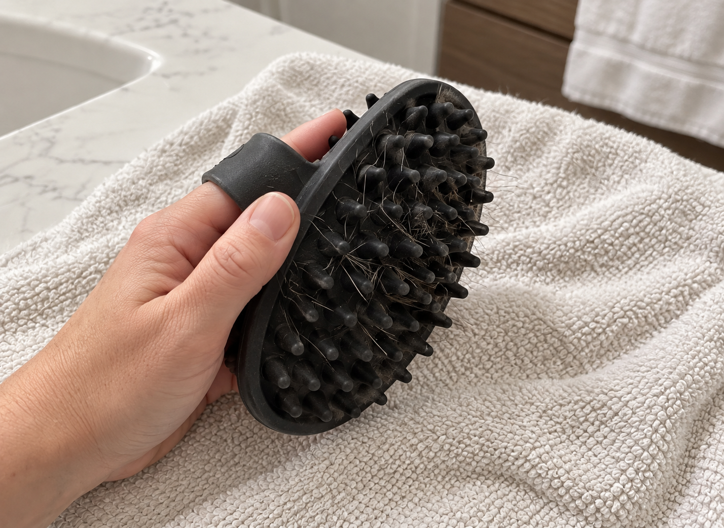 A rubber curry brush holding short loose hairs over a cotton towel