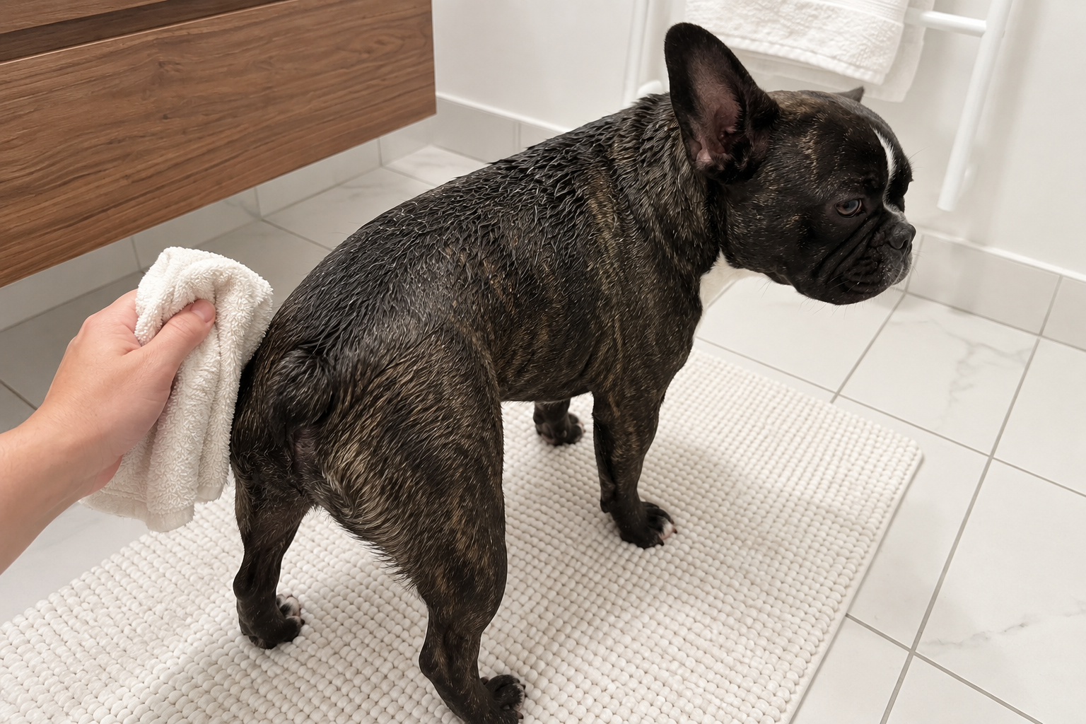 Nina standing with a damp coat on the bath mat, looking to the side