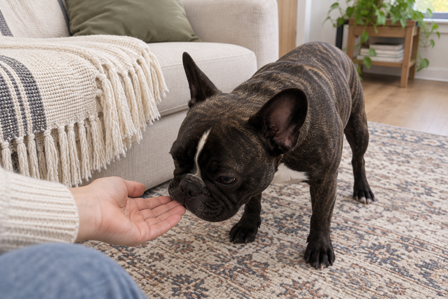 Brindle French Bulldog sniffing an offered hand beside a cream sofa