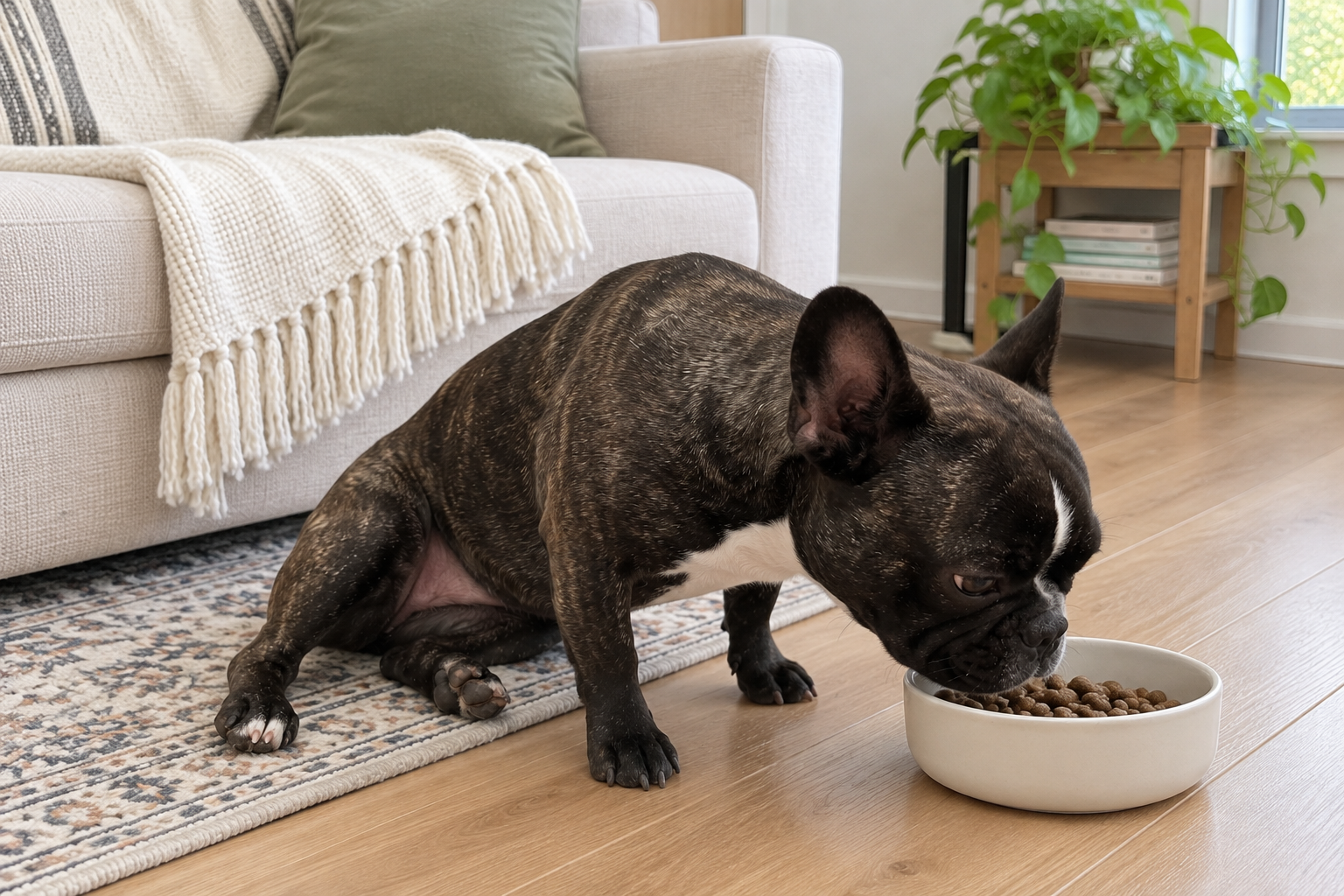 Nina sniffing her food bowl on the floor beside the cream sofa