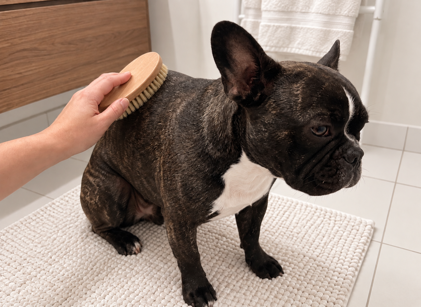 Nina sitting on a bath mat while a bristle brush passes over her back