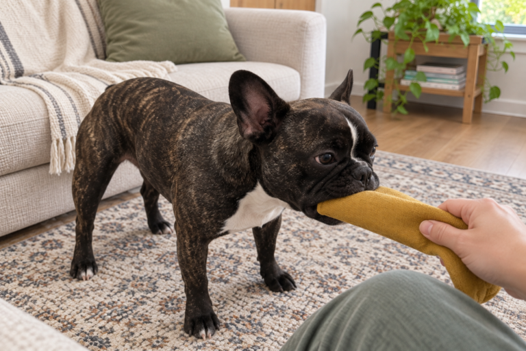Nina holding a soft tug toy during gentle supervised play
