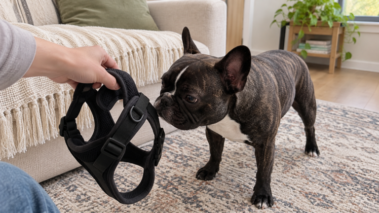 Nina sniffing an unbranded walking harness beside the cream sofa