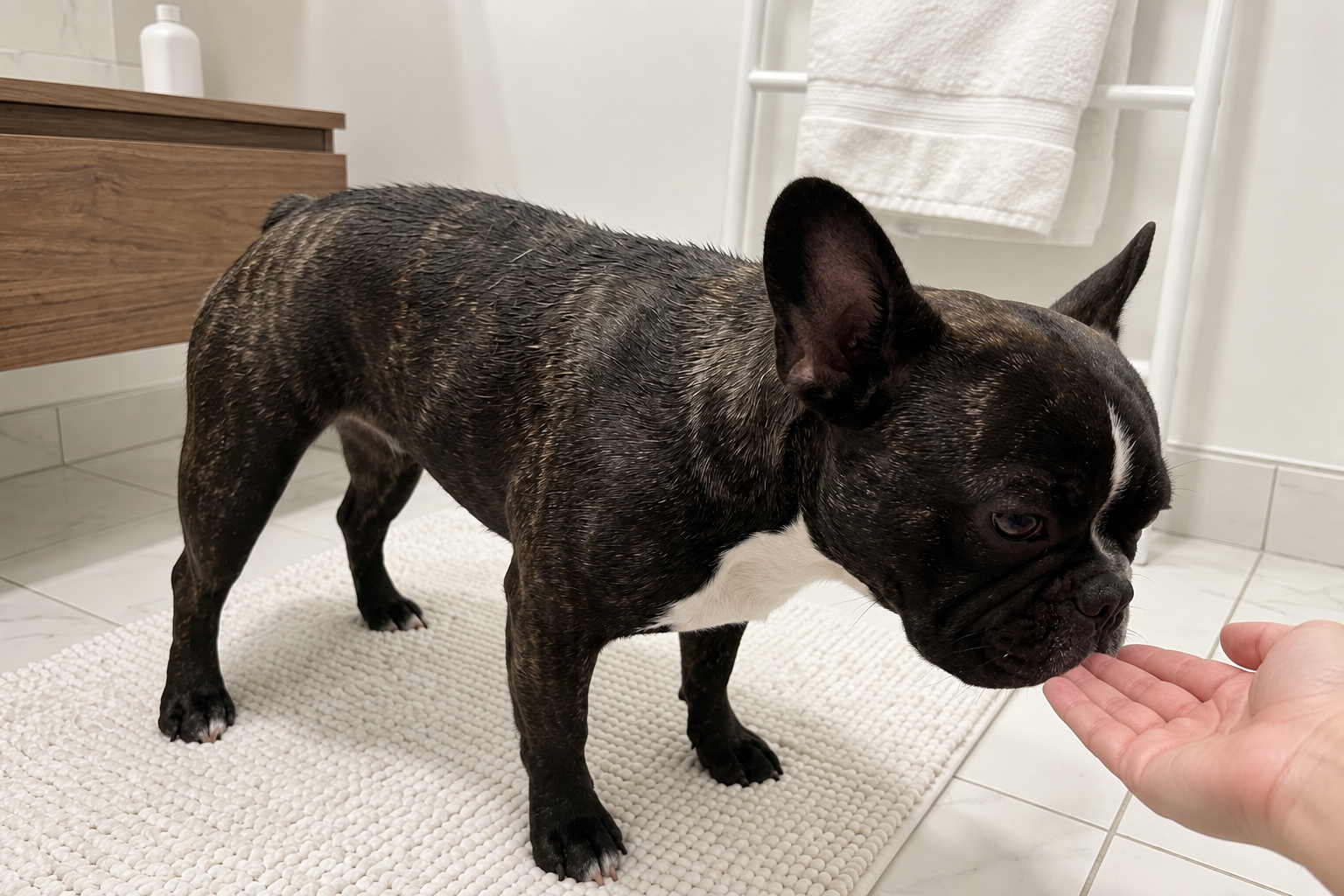 Nina sniffing an outstretched hand on the bathroom mat after a bath