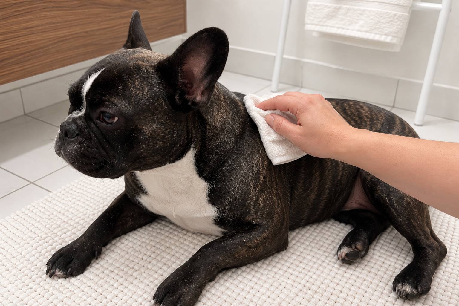Nina resting on her hip while a soft cloth wipes her shoulder