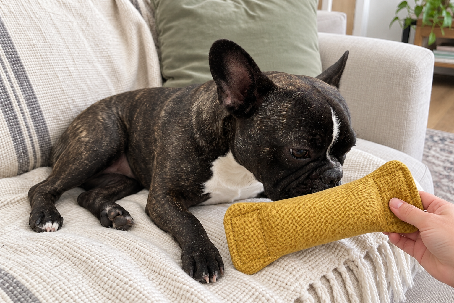 Nina sniffing a soft toy offered by hand on the cream sofa