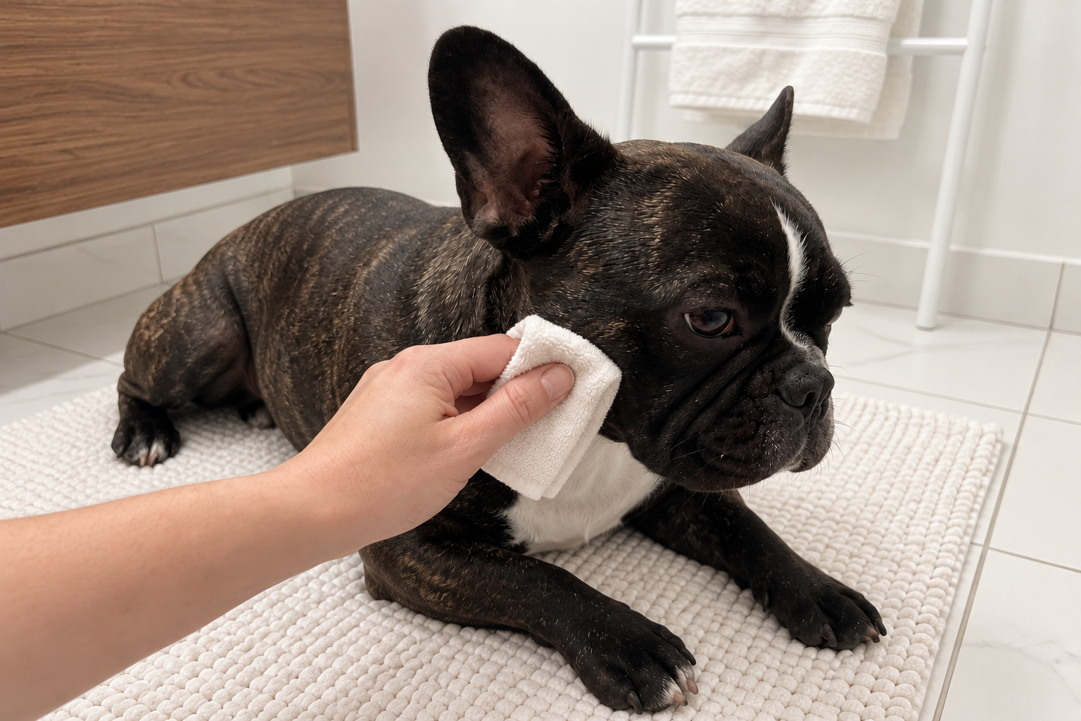 Nina lying on the grooming mat while a soft cloth gently wipes her outer cheek